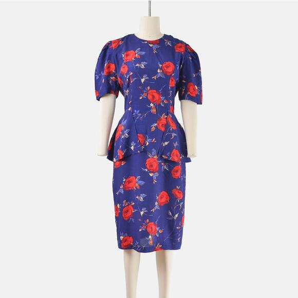 Vintage 80s does 40s Floral Peplum Waist Puff Sleeve Wiggle Pencil Midi Dress S - Picture 1 of 8